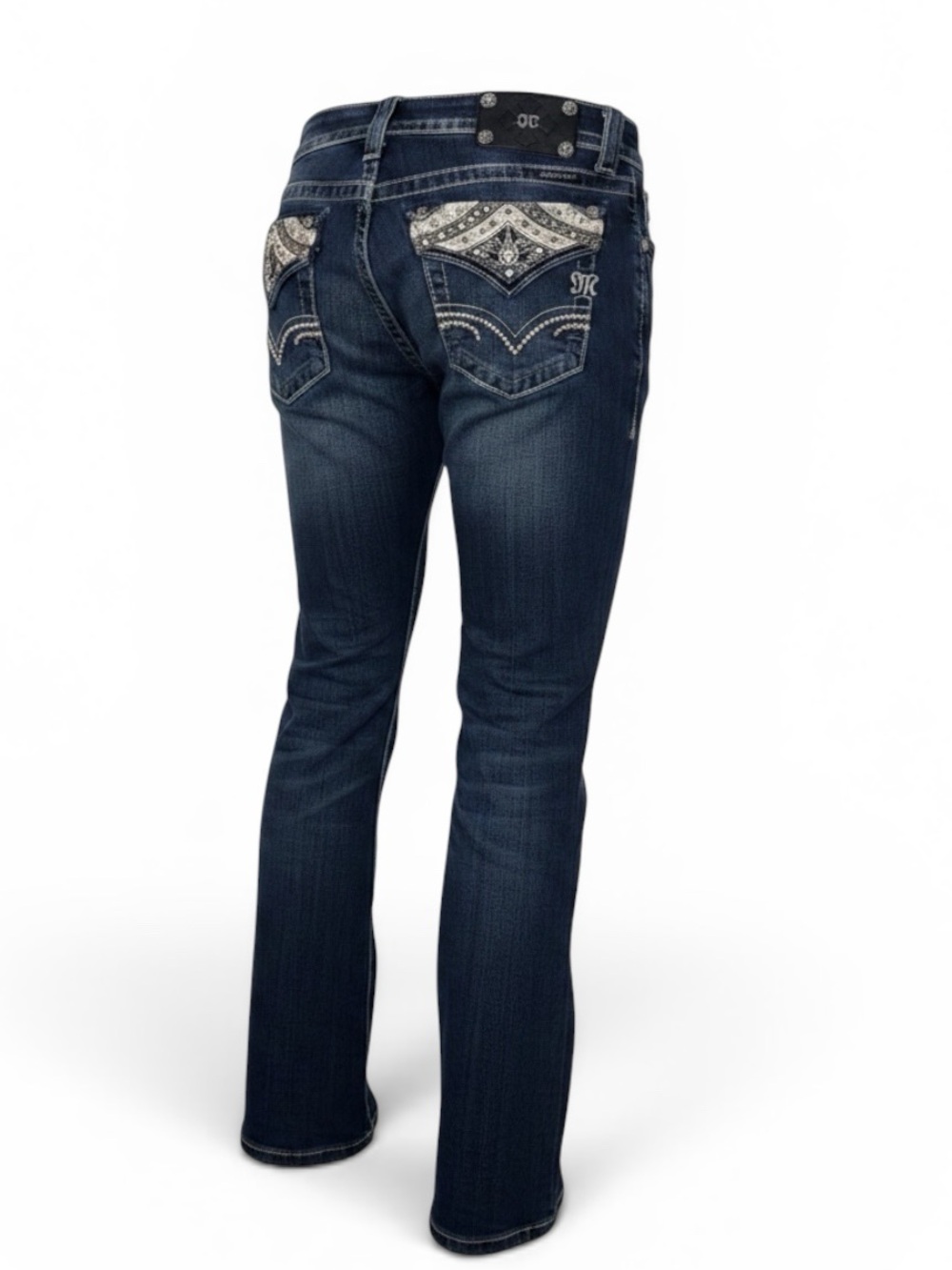 Miss Me Dark Blue Faded Boot Jeans Bling Stretch Slightly Distressed | GUC